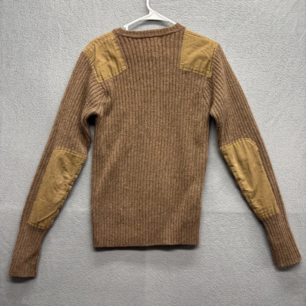 LL Bean Mens Merino Lambswool Commando Sweater Brown Shoulder Elbow Patch Size M